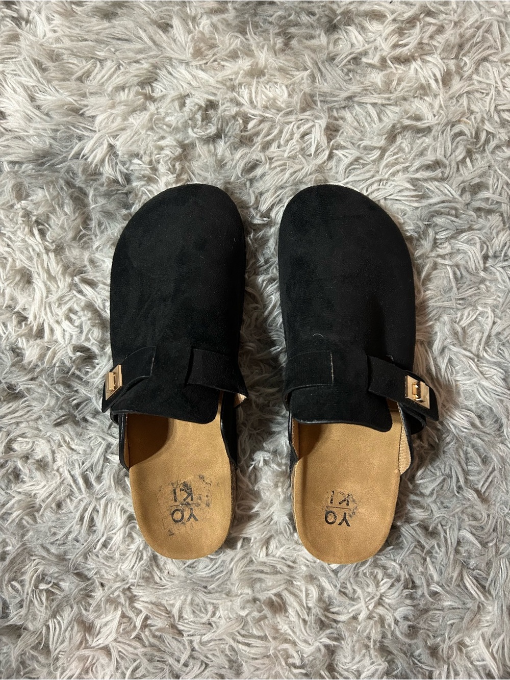 Yoki Black Suede Mule with Gold Buckle Accent